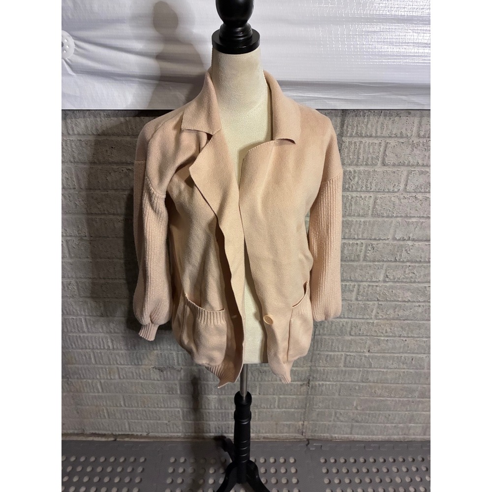 Peach Knit Button Front Cardigan Sweater with Lapel Collar and Pockets Small